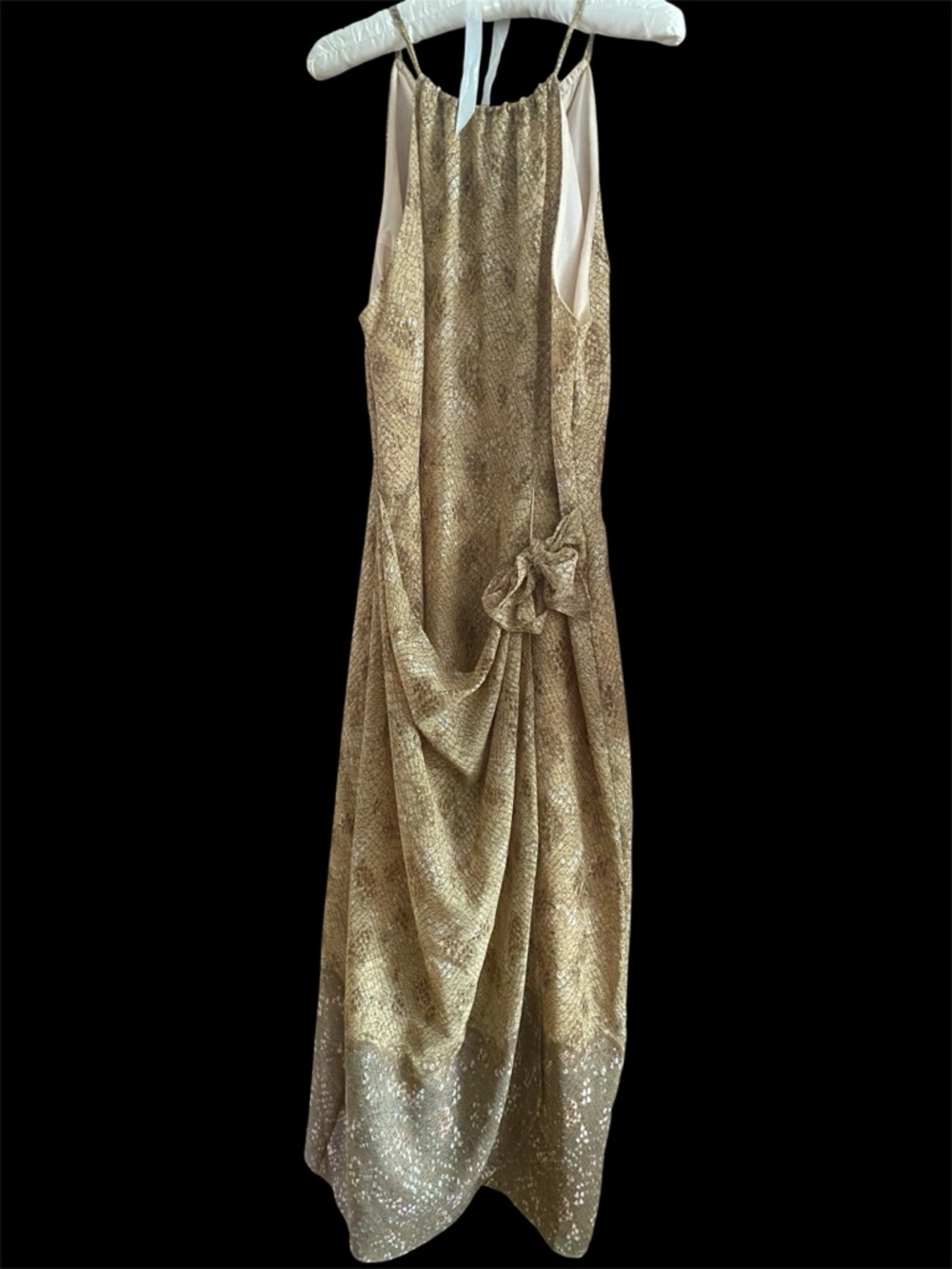 Gold Draped Halter Evening Dress size 12 snakeskin print